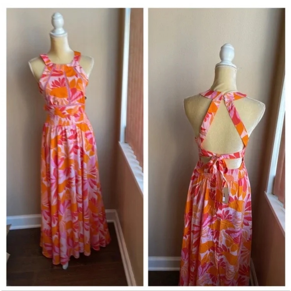 Anthropologie Orange and Pink Floral Maxi Dress